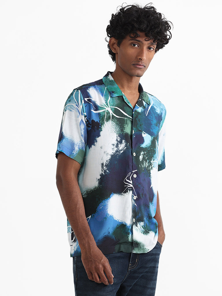 Nuon Navy Blue and White Multicolored Printed Relaxed Fit Shirt