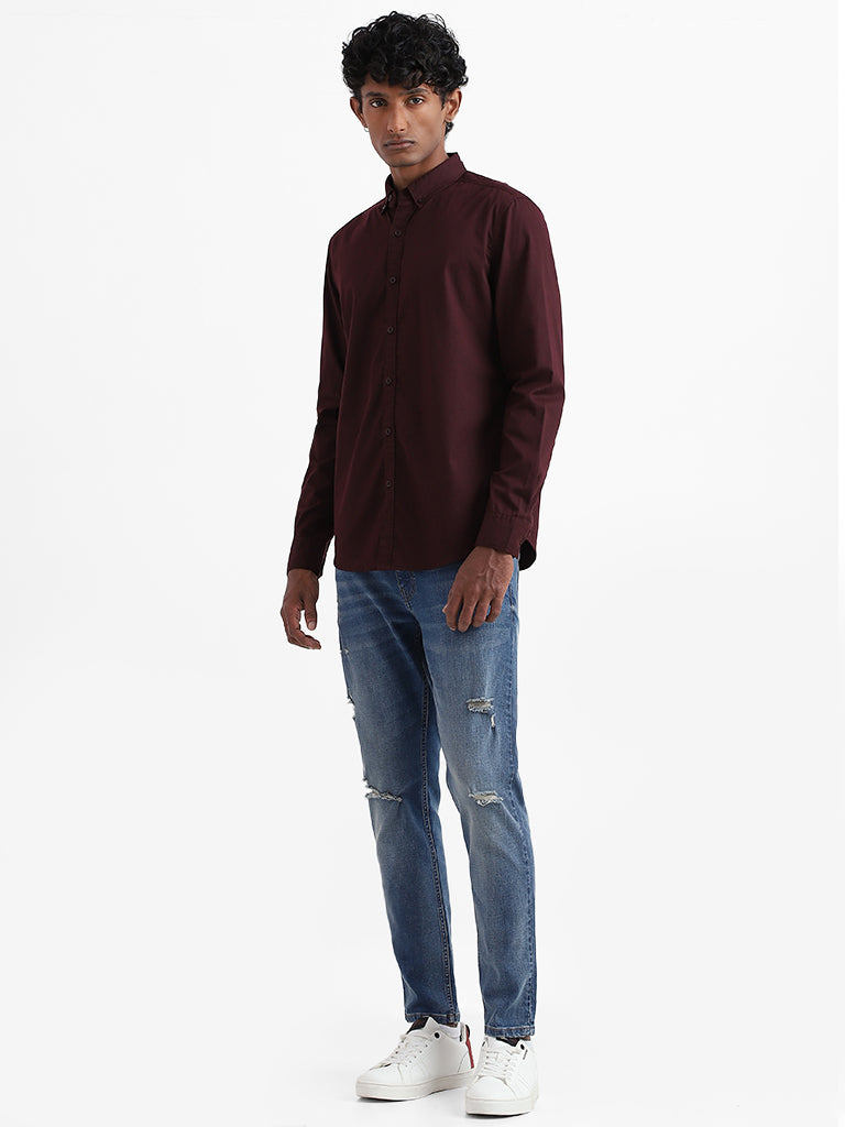 Nuon Maroon Solid Slim Fit Shirt