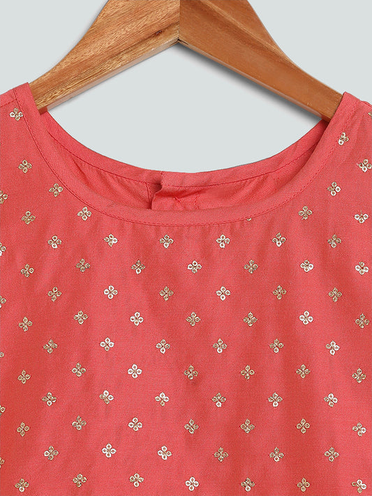 Utsa Kids Brocade Embroidered Coral Choli with Ghagra & Dupatta