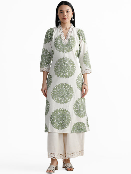 Utsa Green Chakra Printed Off White Kurta