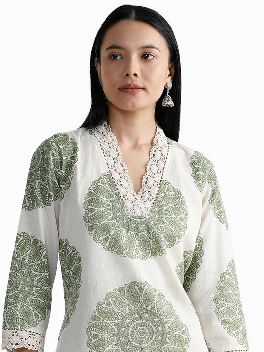 Utsa Green Chakra Printed Off White Kurta