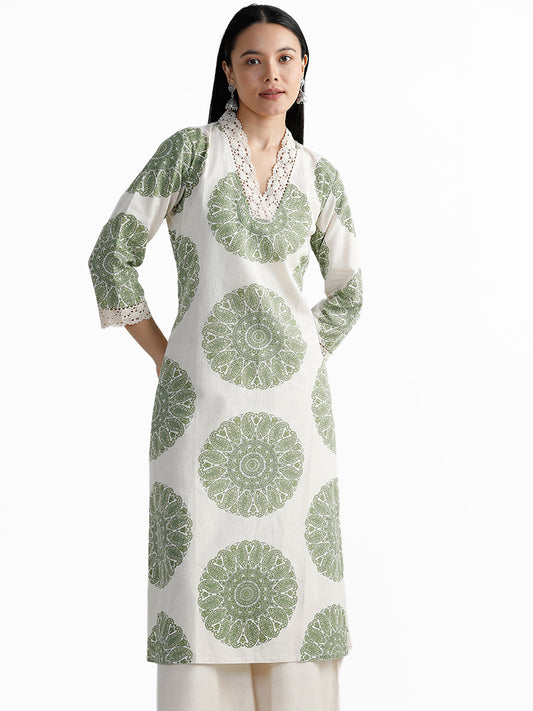 Utsa Green Chakra Printed Off White Kurta