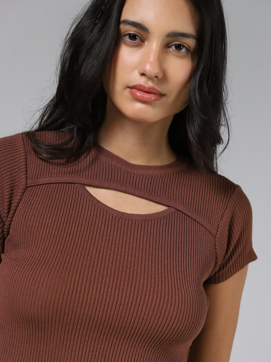 Nuon Brown Cut-Out Crop Top