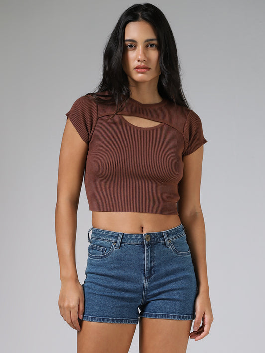 Nuon Brown Cut-Out Crop Top