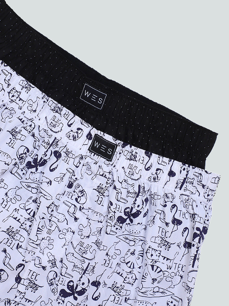 WES Lounge Black Printed Relaxed Fit Boxers - Pack of 2