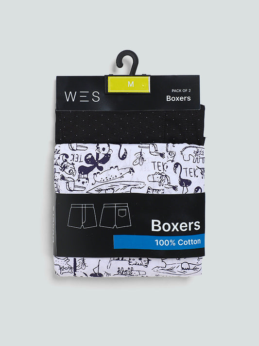 WES Lounge Black Printed Cotton Relaxed Fit Boxers - Pack of 2