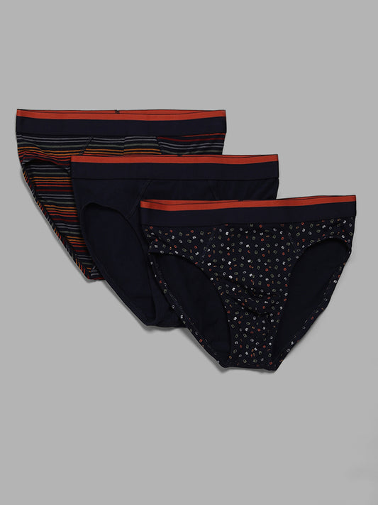 WES Lounge Navy Printed Basic Briefs - Pack of Three