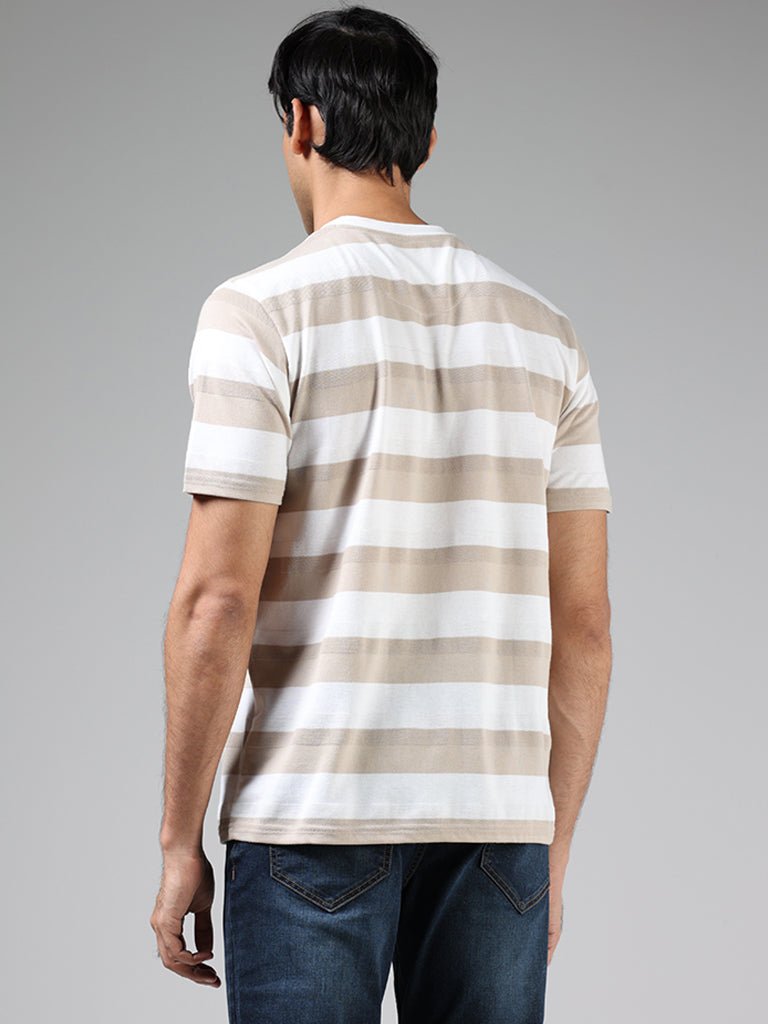 WES Casuals Beige & White Striped Relaxed Fit T-Shirt