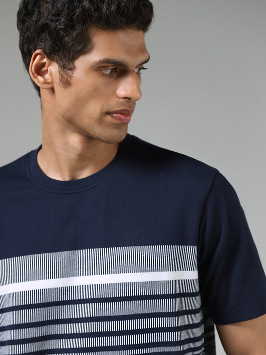 WES Casuals Navy Blue Striped Textured Cotton Relaxed-Fit T-Shirt