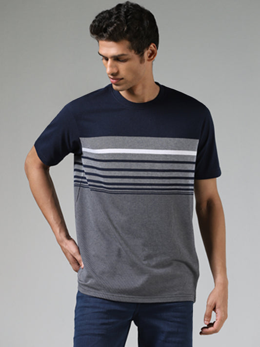 WES Casuals Navy Blue Striped Textured Cotton Relaxed Fit T-Shirt