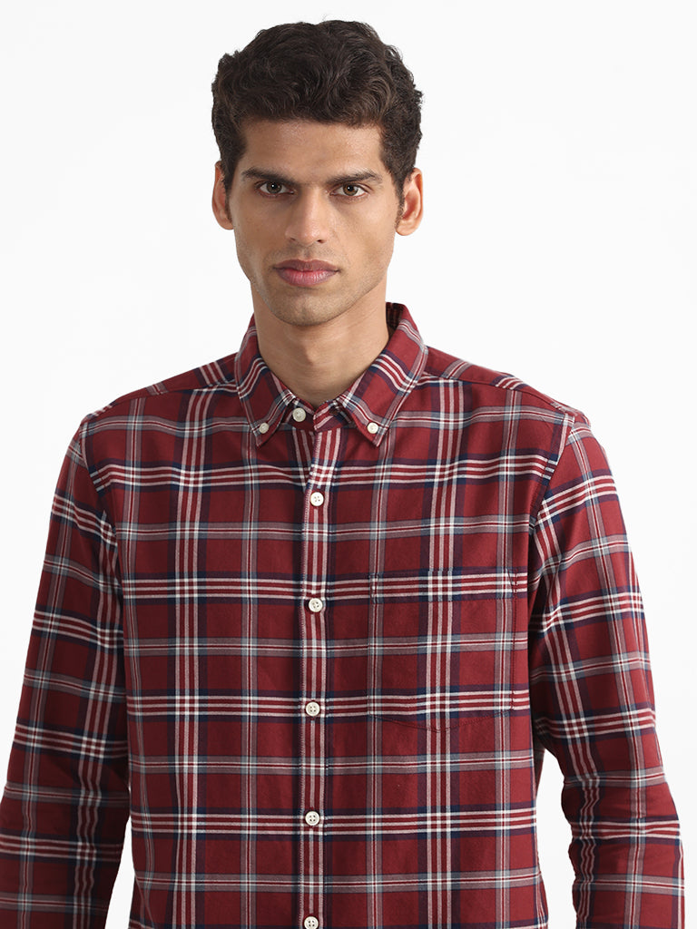 WES Casuals Checked Wine Relaxed Fit Shirt