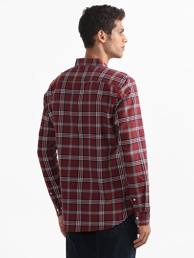 WES Casuals Checked Wine Relaxed Fit Shirt