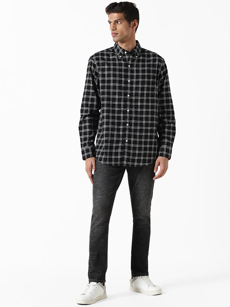 WES Casuals Black & White Checked Relaxed Fit Shirt
