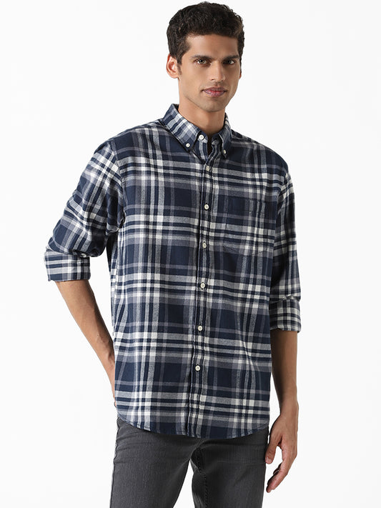 WES Casuals Checked Dark Blue Relaxed Fit Shirt
