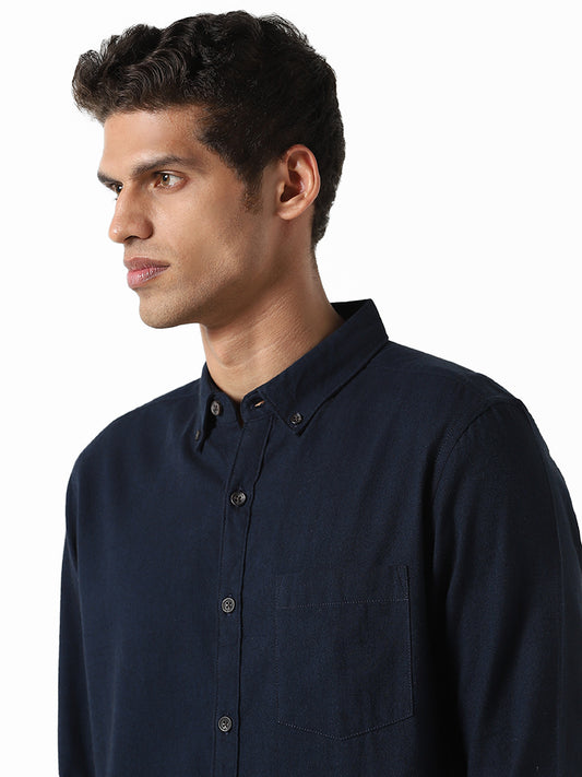 WES Casuals Solid Navy Blue Slim-Fit Shirt