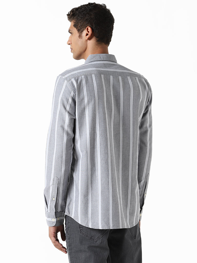 WES Casuals Striped Dark Grey Slim Fit Shirt