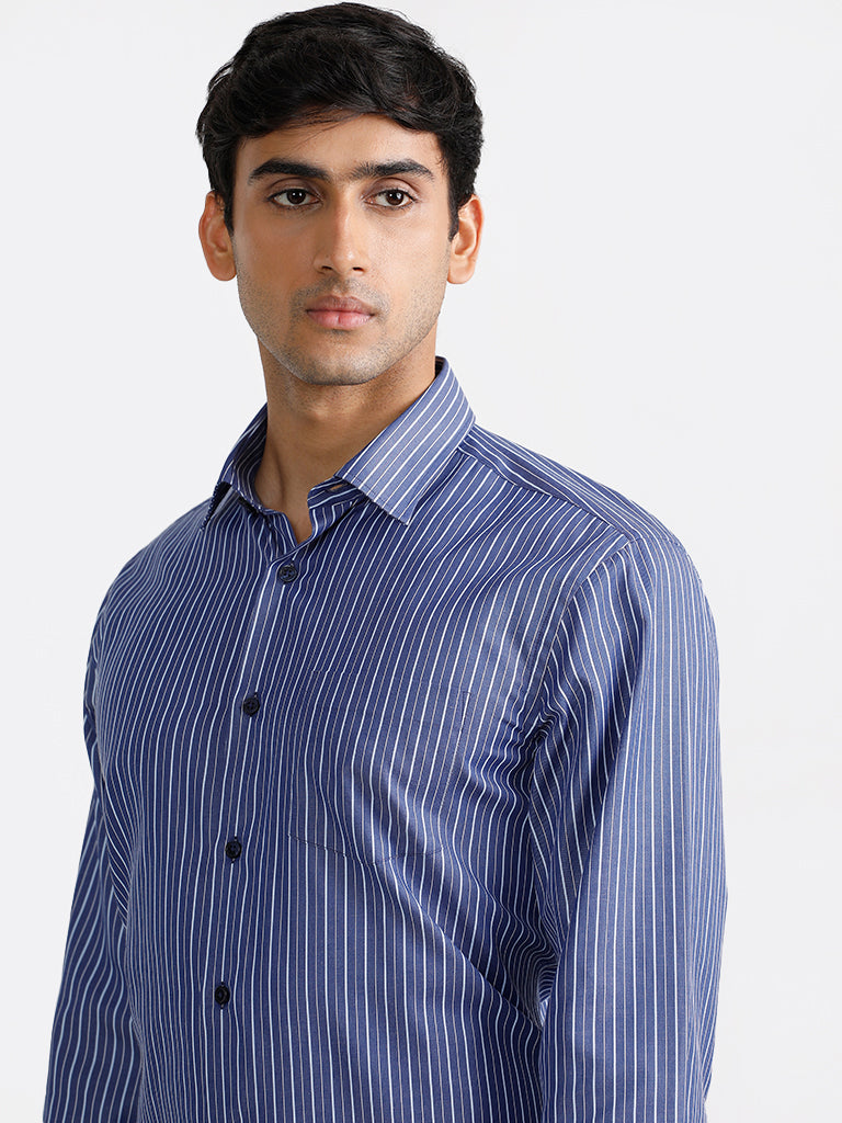 WES Formals Striped Navy Blue Relaxed Fit Shirt