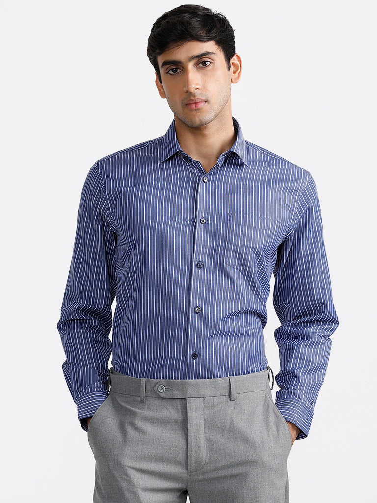 WES Formals Striped Navy Blue Relaxed Fit Shirt