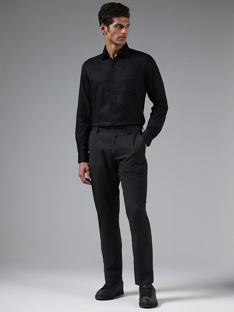 WES Formals Solid Black Relaxed Fit Shirt