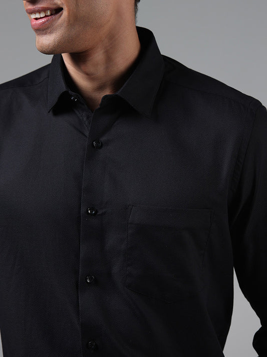 WES Formals Solid Black Cotton Relaxed Fit Shirt