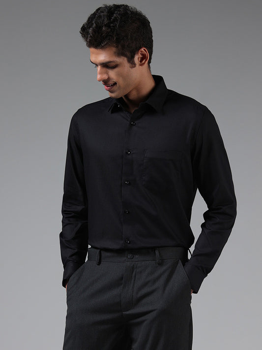 WES Formals Solid Black Cotton Relaxed Fit Shirt