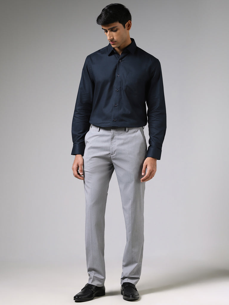 WES Formals Dobby Navy Blue Relaxed Fit Shirt
