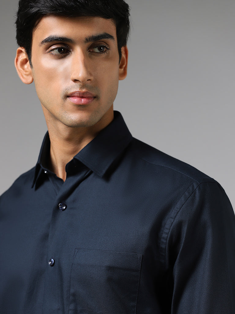 WES Formals Dobby Navy Blue Cotton Relaxed Fit Shirt