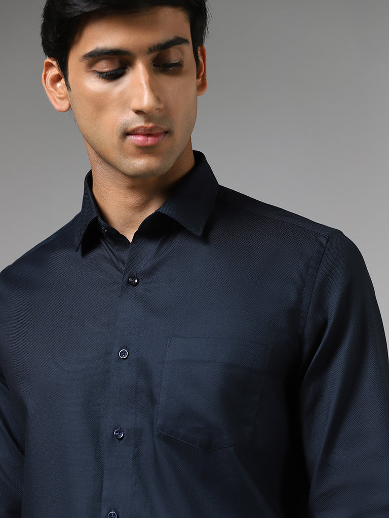 WES Formals Dobby Navy Blue Slim Fit Shirt