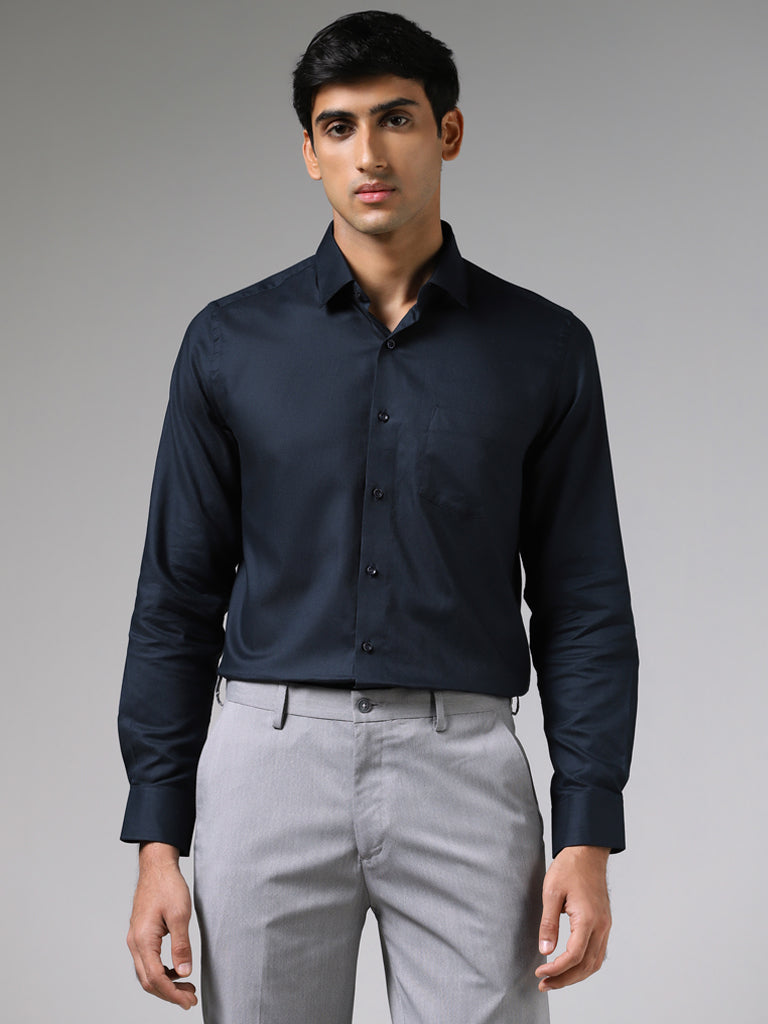 WES Formals Dobby Navy Blue Cotton Slim Fit Shirt