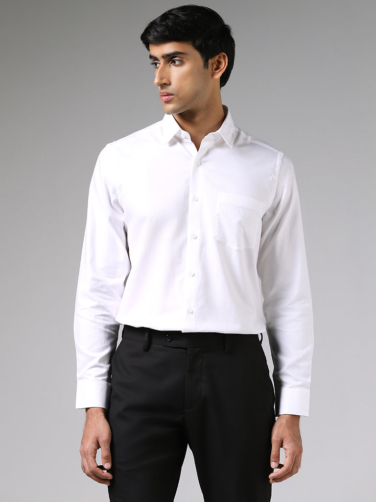WES Formals Solid White Cotton Slim Fit Shirt