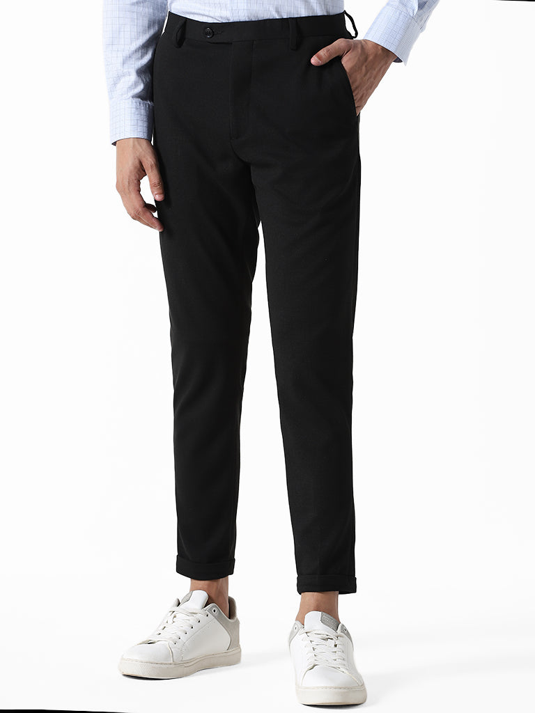 WES Formals Solid Black Carrot Fit Trousers