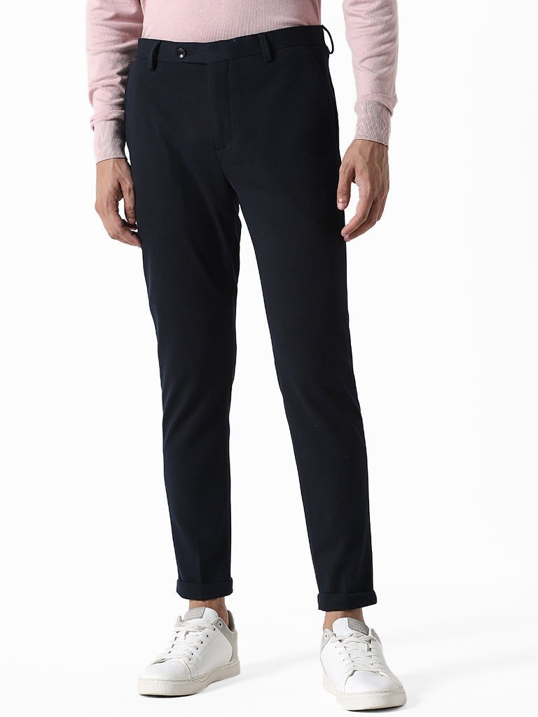Shop WES Formals Navy Checkered Carrot-Fit Trousers Online – Westside