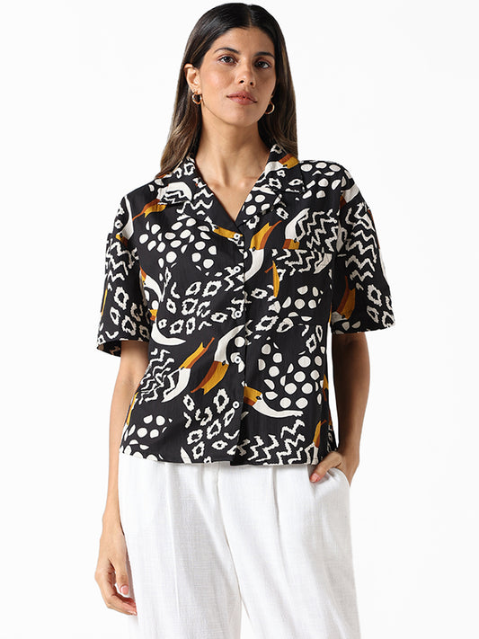 LOV Black Multi-coloured Printed Regular Fit Pop Linen Shirt