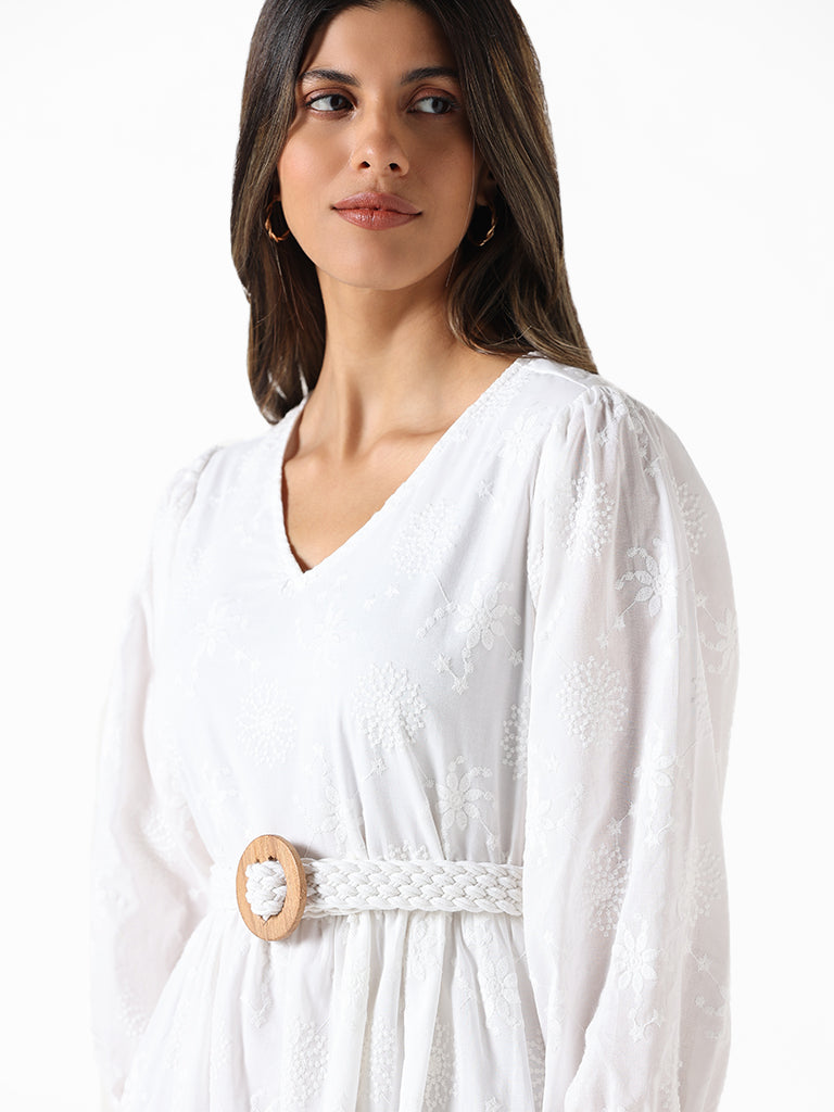LOV White Embroidered Floral Regular Fit Dress With Belt