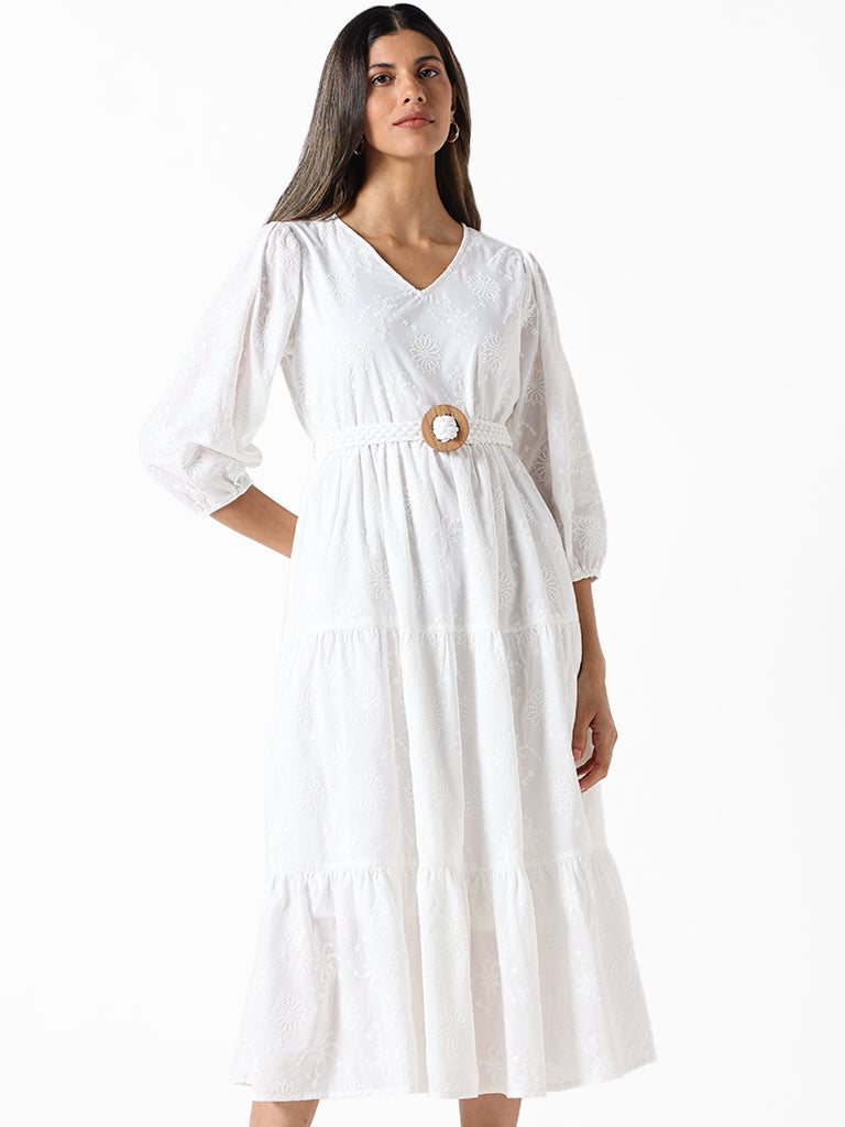 LOV White Embroidered Floral Regular Fit Dress With Belt