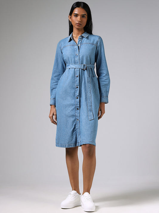 LOV Mid Blue Button Down Denim Dress with a Belt