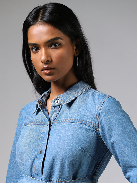 LOV Mid Blue Button Down Denim Dress with a Belt