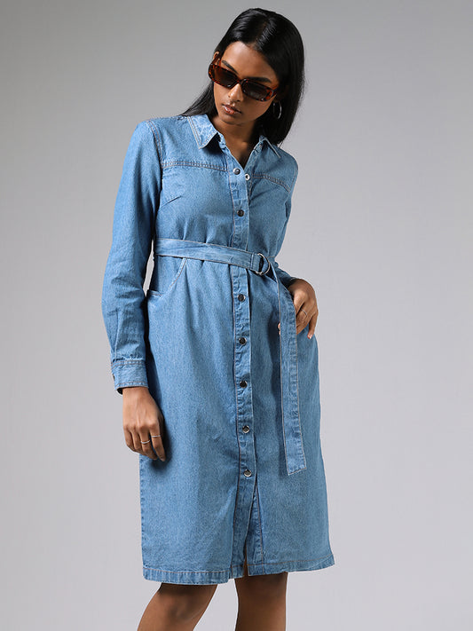 LOV Mid Blue Button Down Denim Dress with a Belt