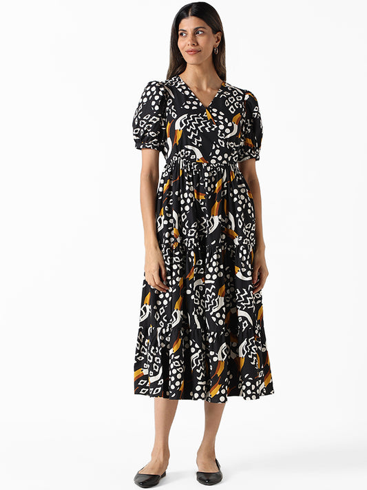 LOV Black Printed Fit and Flare Dress