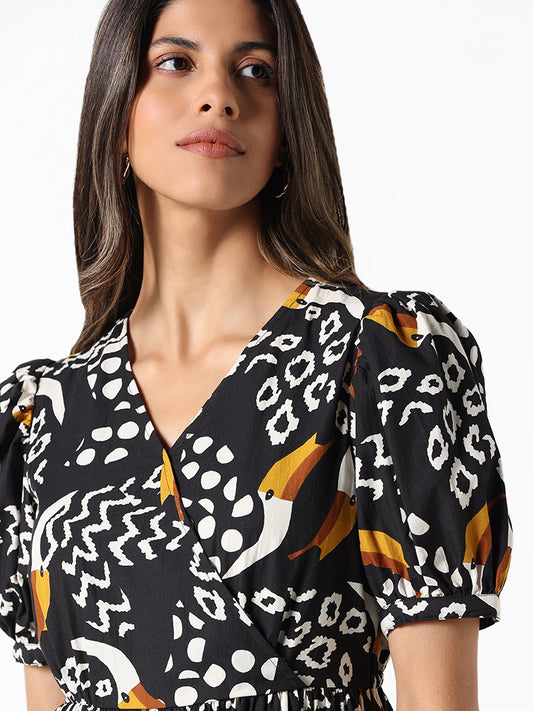 LOV Black Printed Fit and Flare Dress