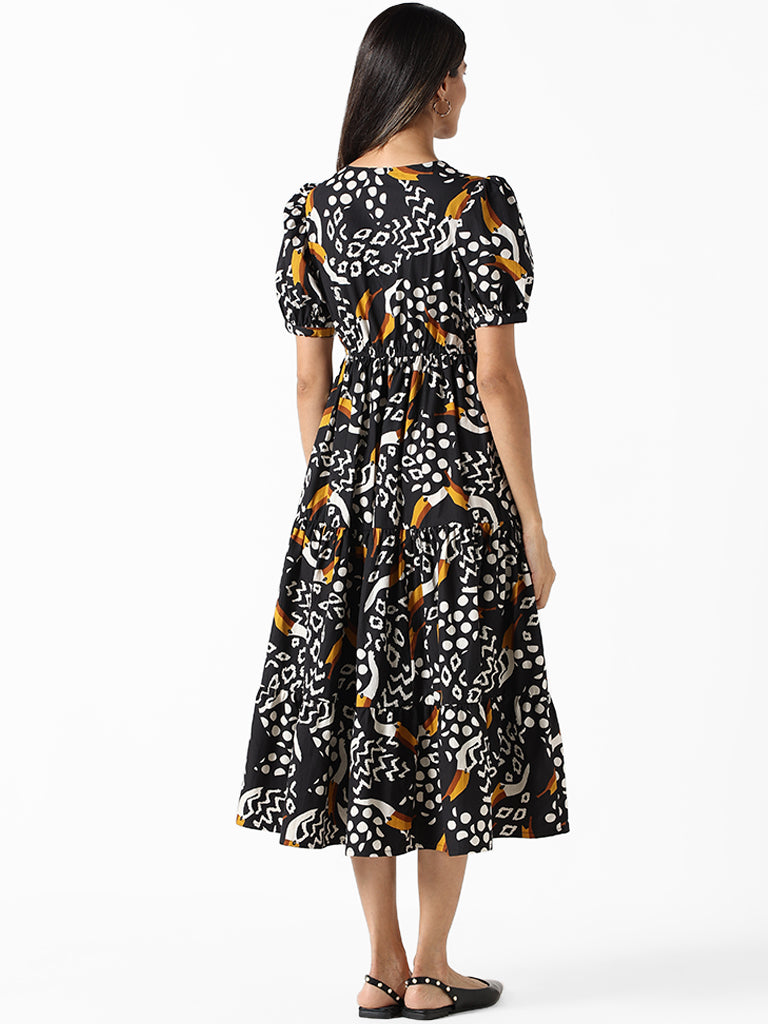 LOV Black Printed Fit and Flare Dress