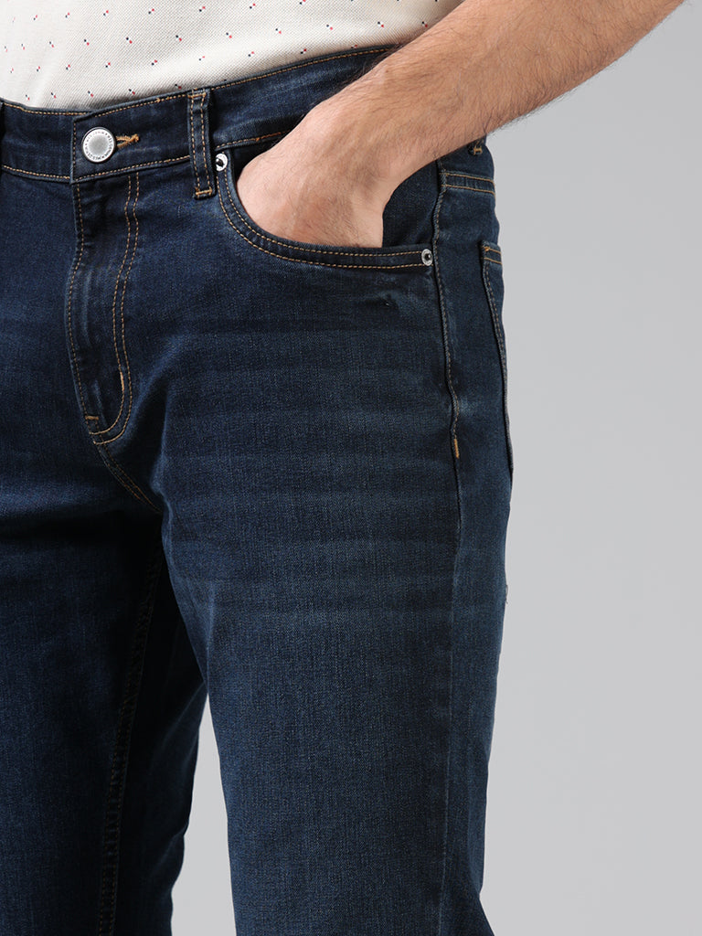 WES Casuals Solid Dark Blue Slim Fit Mid Rise Denim Jeans