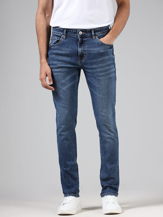 WES Casuals Mid Blue Slim Fit Washed Denim Jeans