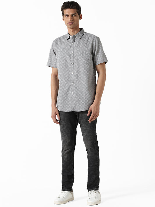 WES Casuals Floral Printed Grey Slim-Fit Blended Linen Shirt