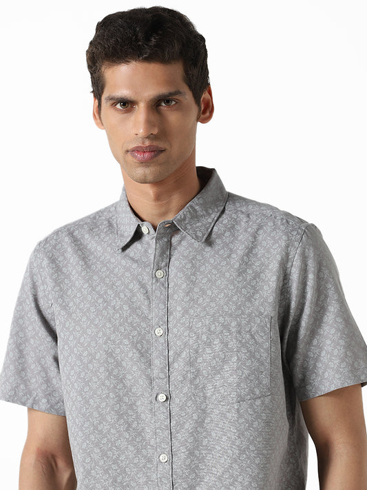 WES Casuals Floral Printed Grey Slim Fit Blended Linen Shirt