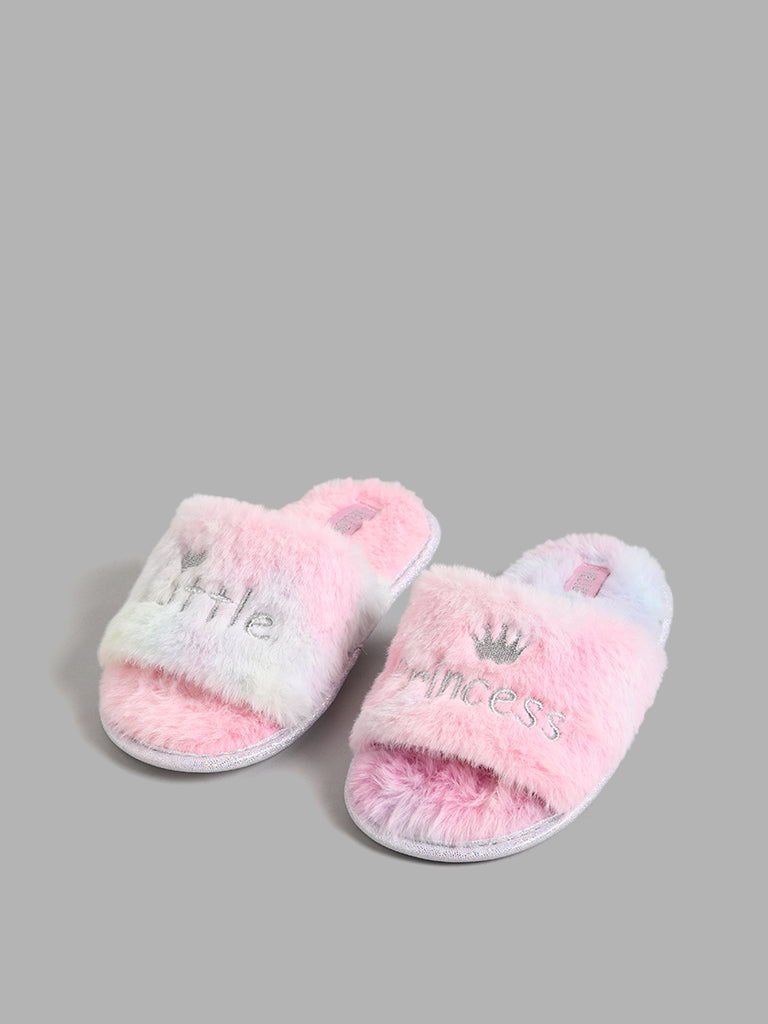 Yellow Multicolored Little Princess Embroidered Fur Slides