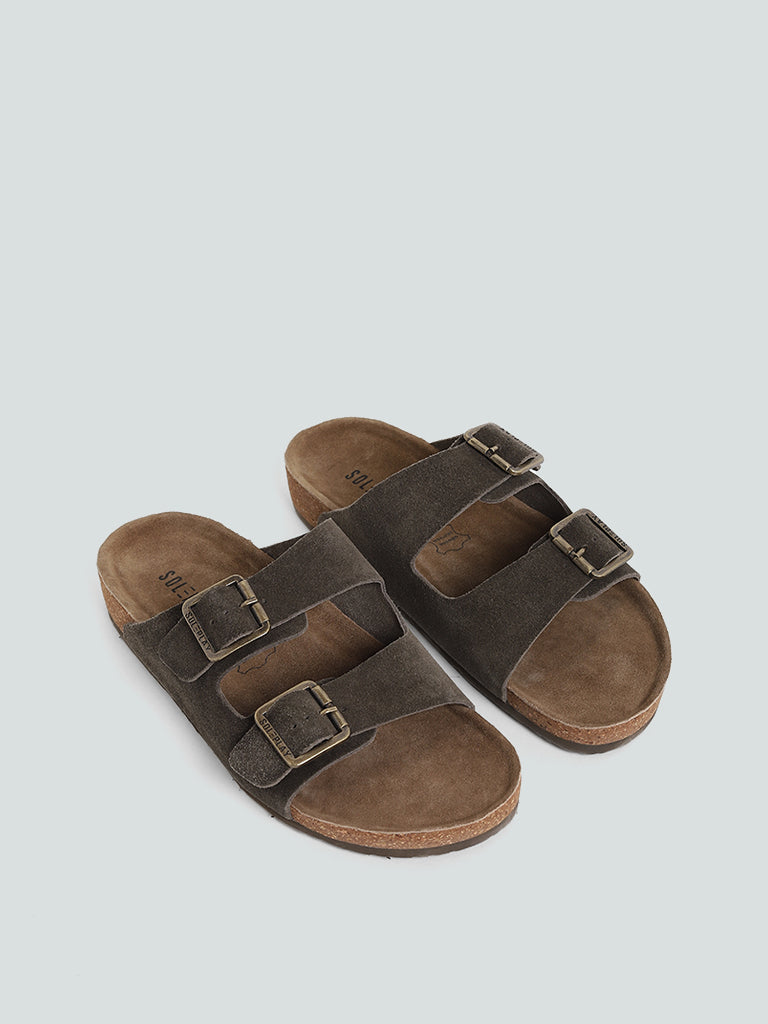 Westside SOLEPLAY Men's  Brown Dual Buckle Strap Comfort Leather Sandals for Casual Wear Front View