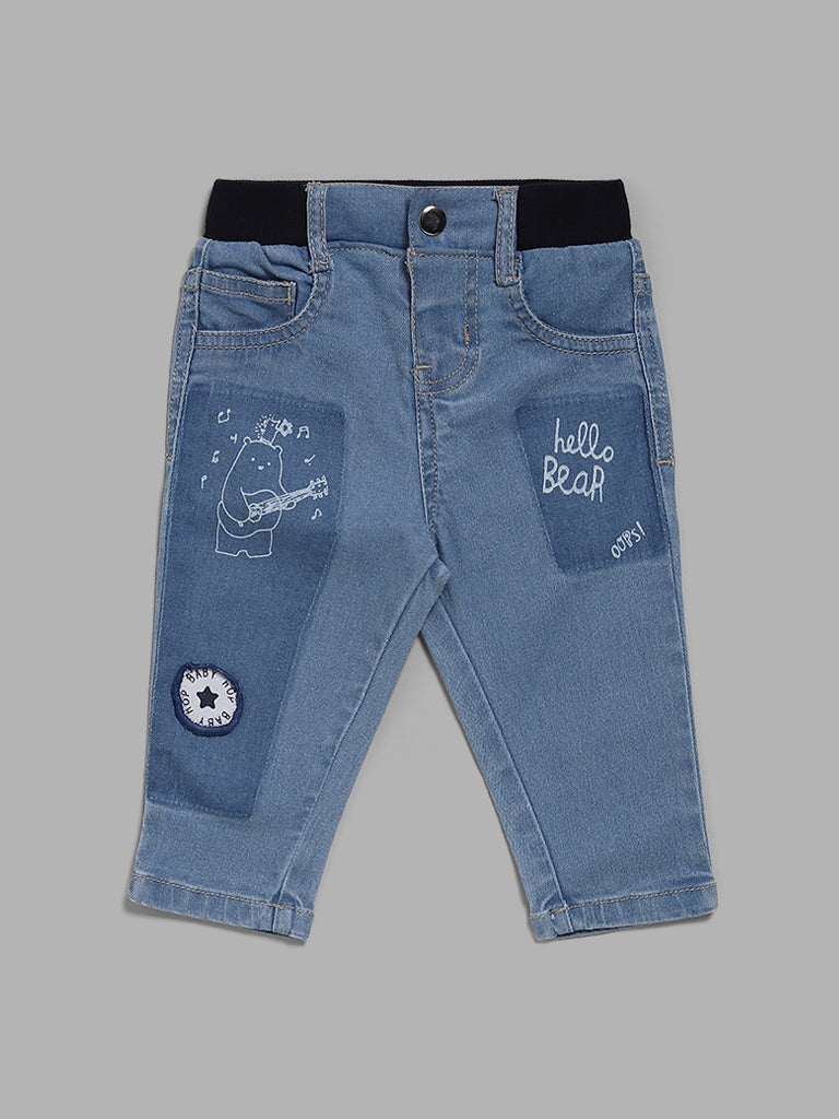 HOP Baby Bear Patch Printed Blue Denim Jeans