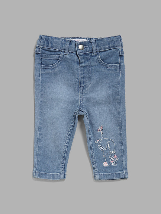 HOP Baby Embroidered Blue Relaxed - Fit Mid - Rise Denim Jeans