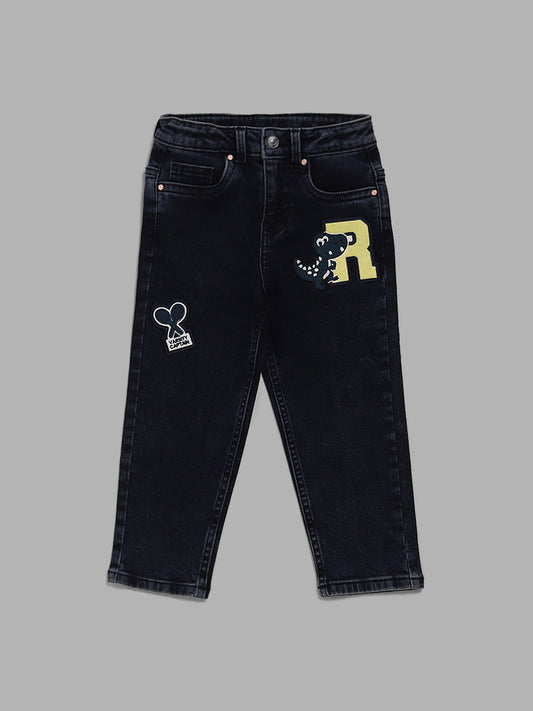 HOP Kids Black Dino Printed Jeans